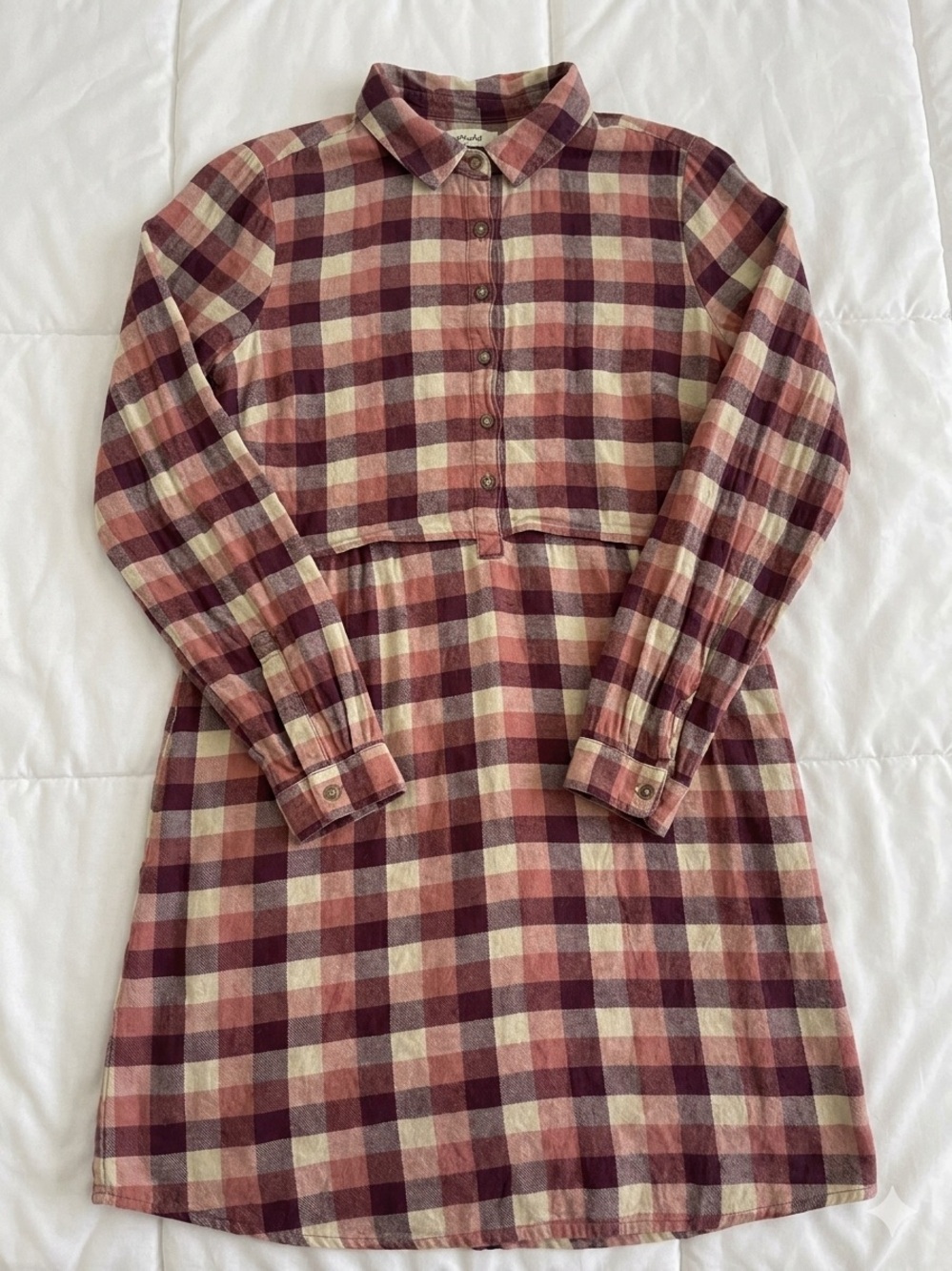 Plaid Button-Front Long-Sleeve Dress in Burgundy and Cream Indi & Cold